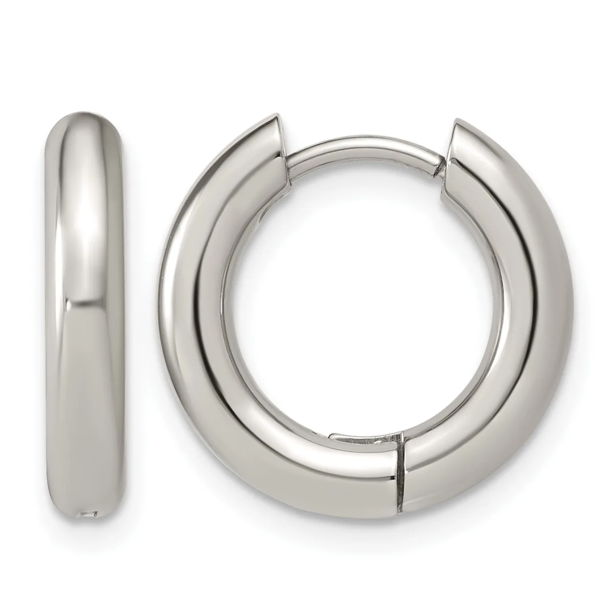 A pair of polished silver-tone chunky hoop earrings with rounded edges and a hinged closure, shown from the front and side.