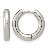 A pair of polished silver-tone chunky hoop earrings with rounded edges and a hinged closure, shown from the front and side.