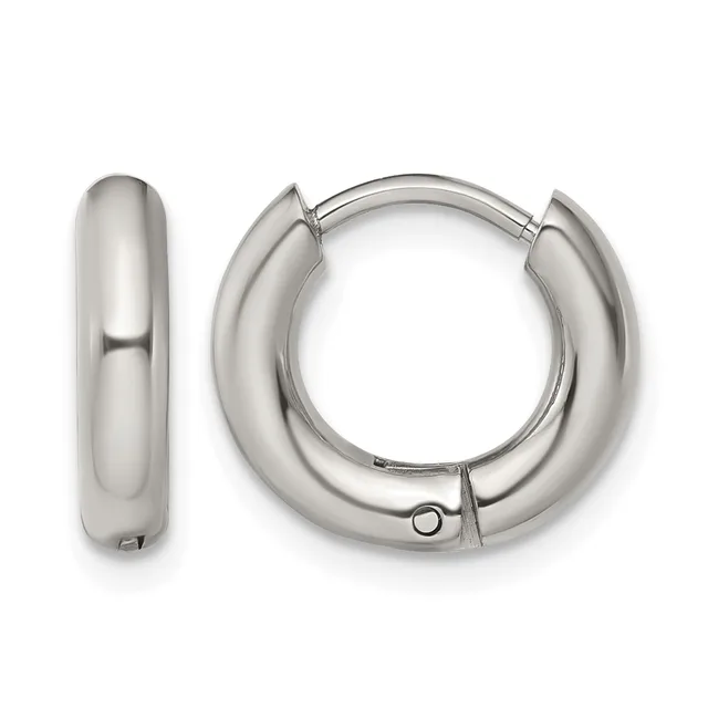 A pair of polished silver-toned chunky hoop earrings with a hinged clasp closure, shown from front and side views.