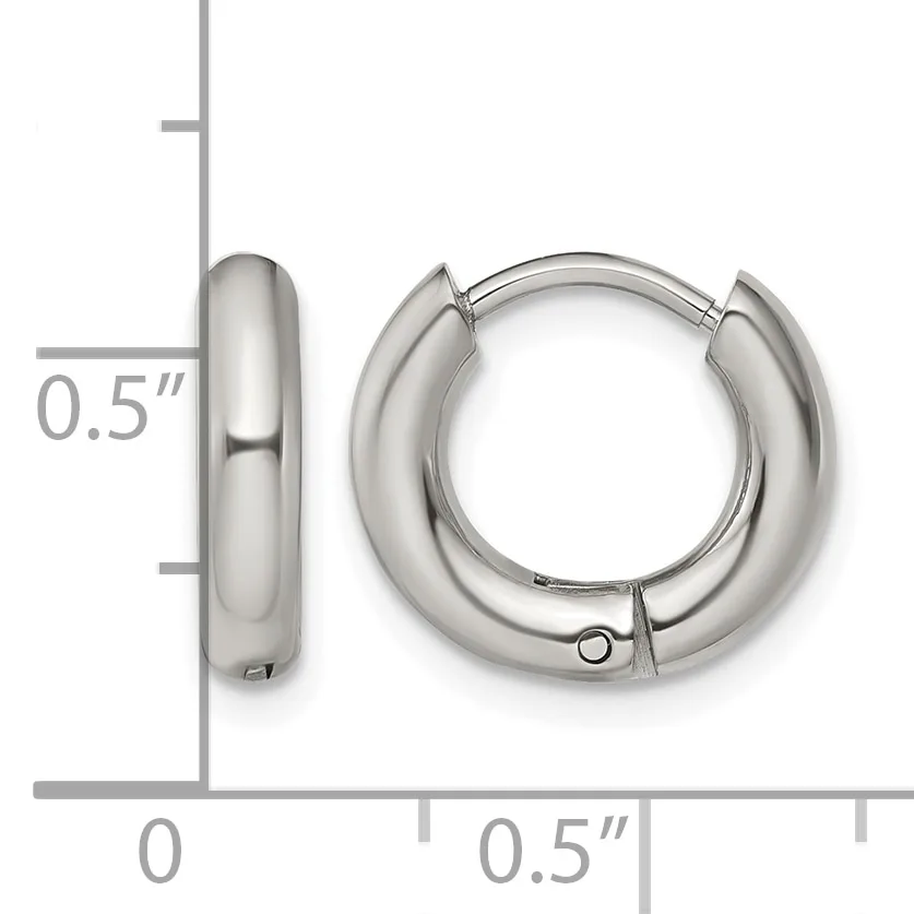 A pair of polished silver-toned chunky hoop earrings with a half-inch width, shown from front and side views with measurement scale.