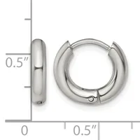 A pair of polished silver-toned chunky hoop earrings with a half-inch width, shown from front and side views with measurement scale.