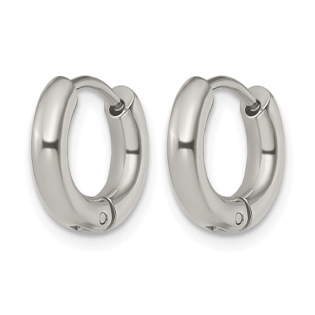 A pair of polished silver-toned chunky hoop earrings with hinged closures, displayed against a white background.