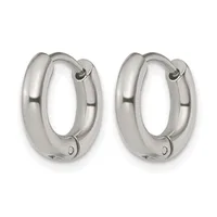 A pair of polished silver-toned chunky hoop earrings with hinged closures, displayed against a white background.