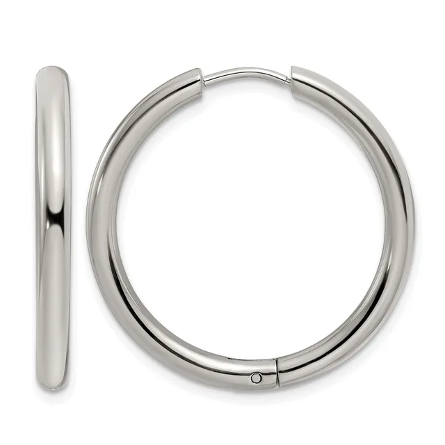 Pair of polished silver-toned hoop earrings shown from front and side views, featuring a hinged closure mechanism.