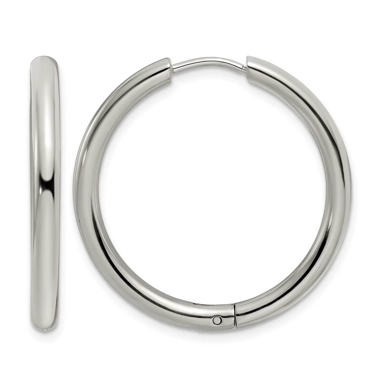 Pair of polished silver-toned hoop earrings shown from front and side views, featuring a hinged closure mechanism.