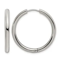 Pair of polished silver-toned hoop earrings shown from front and side views, featuring a hinged closure mechanism.