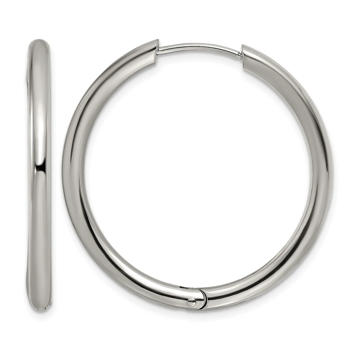 A pair of polished silver-toned hoop earrings with a chunky tubular design and hinged closures, shown from the front and side views.