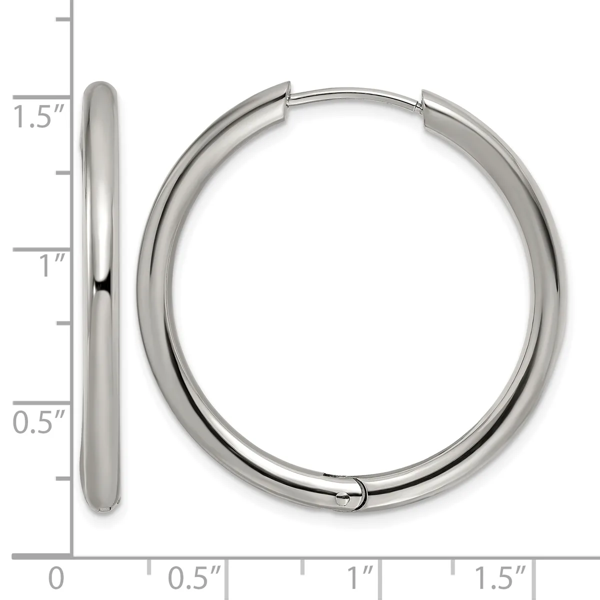 A pair of polished silver-toned hoop earrings shown from the side and front, measuring 1.5 inches in length with a thick tubular design.