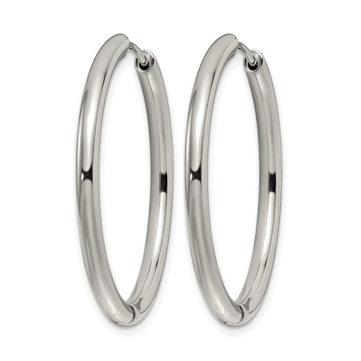 A pair of polished silver hoop earrings with a smooth, rounded tubular design and small hinged closures at the top.