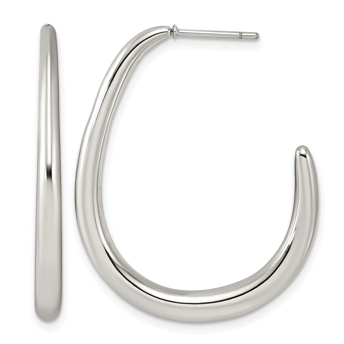 A pair of polished silver hoop earrings with a chunky, curved design and posts with backing closures.