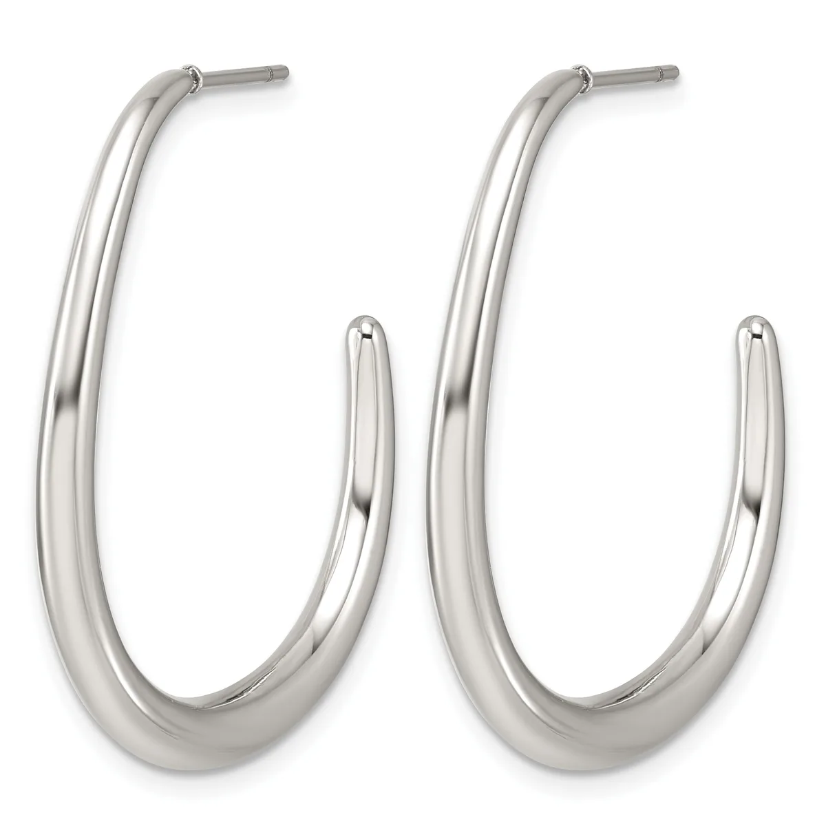 A pair of polished silver-colored oval hoop earrings with posts and backs displayed against a white background.