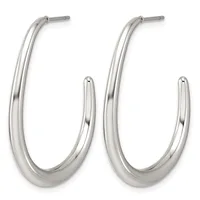 A pair of polished silver-colored oval hoop earrings with posts and backs displayed against a white background.