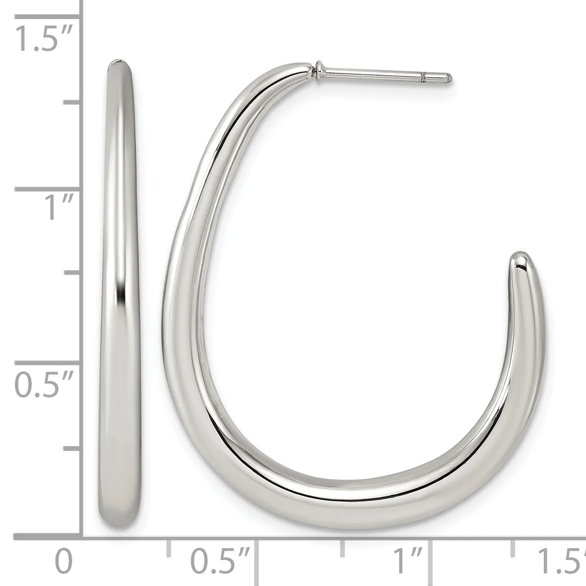 A pair of polished silver hoop earrings with a curved J-shape design, shown next to a measurement scale indicating they are approximately 1.5 inches tall and 0.5 inches wide.