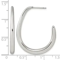 A pair of polished silver hoop earrings with a curved J-shape design, shown next to a measurement scale indicating they are approximately 1.5 inches tall and 0.5 inches wide.