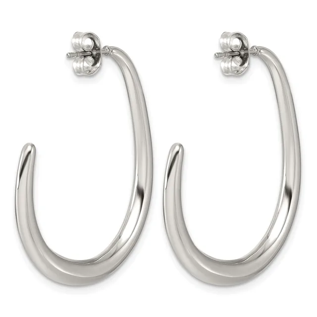 A pair of polished silver hoop earrings with post and earring back closures, shown against a white background.