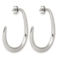 A pair of polished silver hoop earrings with post and earring back closures, shown against a white background.