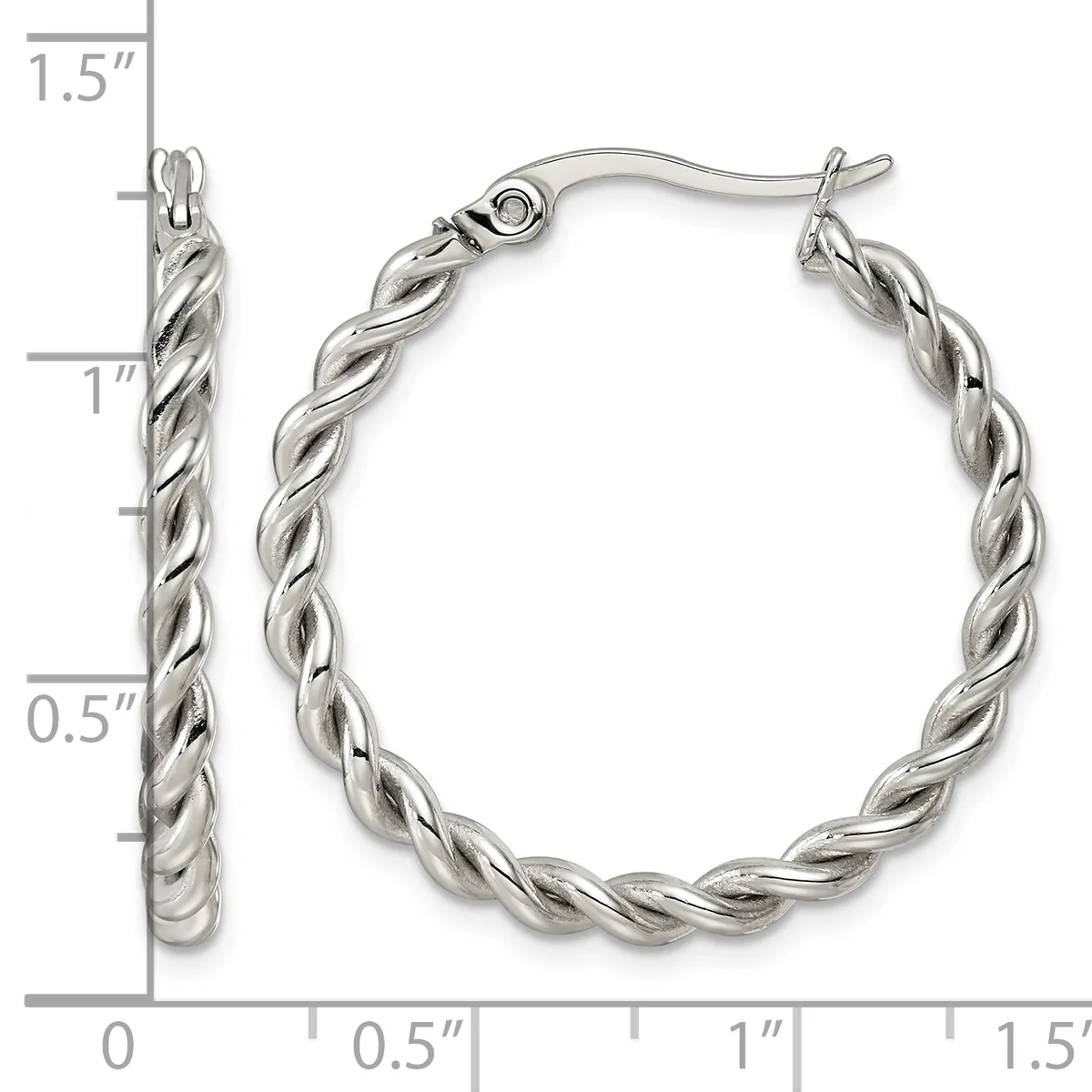 Silver-toned twisted hoop earrings with fish hook closures, shown from front and side views with measurement scale indicating approximately 1.5 inches in length.