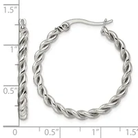 Silver-toned twisted hoop earrings with fish hook closures, shown from front and side views with measurement scale indicating approximately 1.5 inches in length.