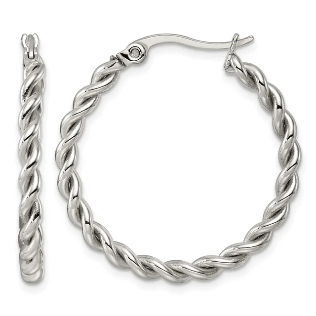 A pair of silver twisted hoop earrings with French wire posts displayed against a white background.