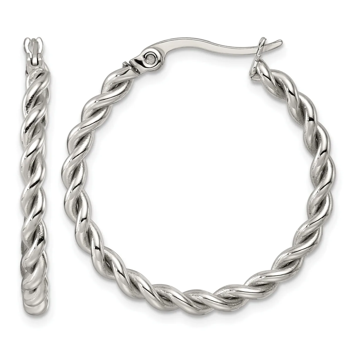 A pair of silver twisted hoop earrings with French wire posts displayed against a white background.