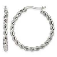 A pair of silver twisted hoop earrings with French wire posts displayed against a white background.