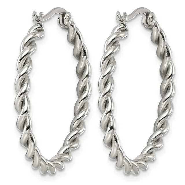 A pair of silver twisted hoop earrings with hinged closures, shown from the front against a white background.