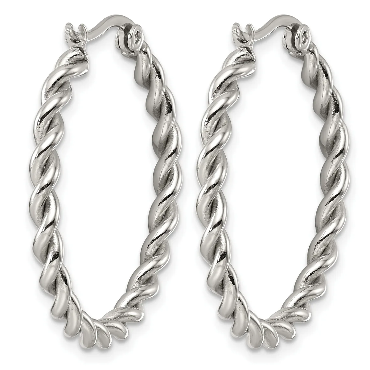 A pair of silver twisted hoop earrings with hinged closures, shown from the front against a white background.