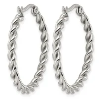 A pair of silver twisted hoop earrings with hinged closures, shown from the front against a white background.