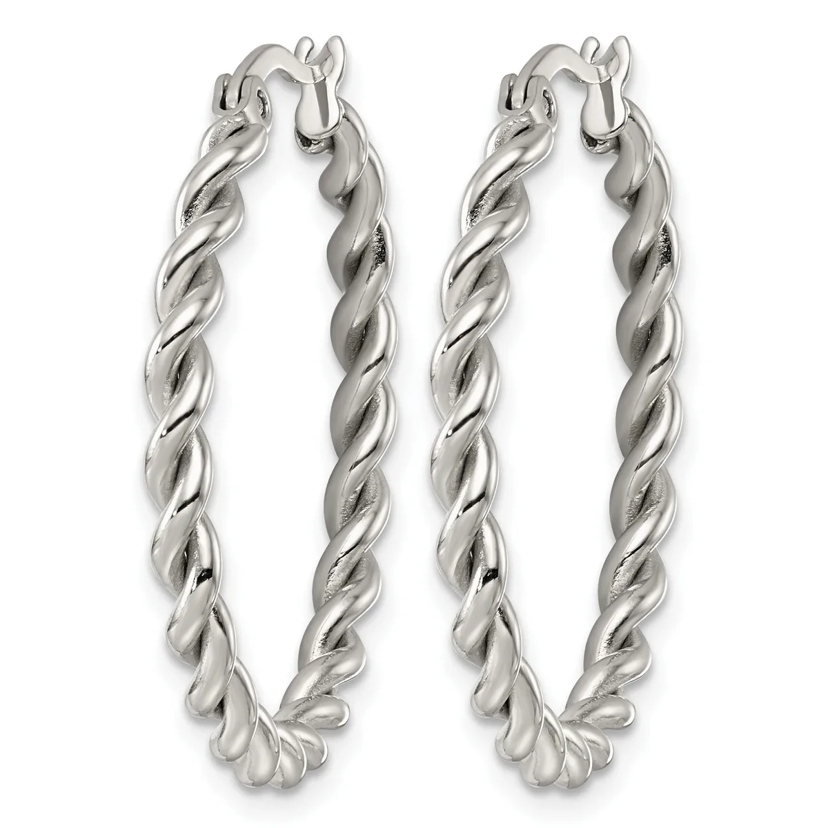 A pair of silver twisted hoop earrings with hinged closures, displayed side by side against a white background.