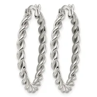 A pair of silver twisted hoop earrings with hinged closures, displayed side by side against a white background.