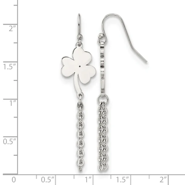 A pair of silver four-leaf clover earrings with chain drops displayed against a measurement ruler showing they are approximately two inches long.