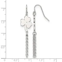 A pair of silver four-leaf clover earrings with chain drops displayed against a measurement ruler showing they are approximately two inches long.
