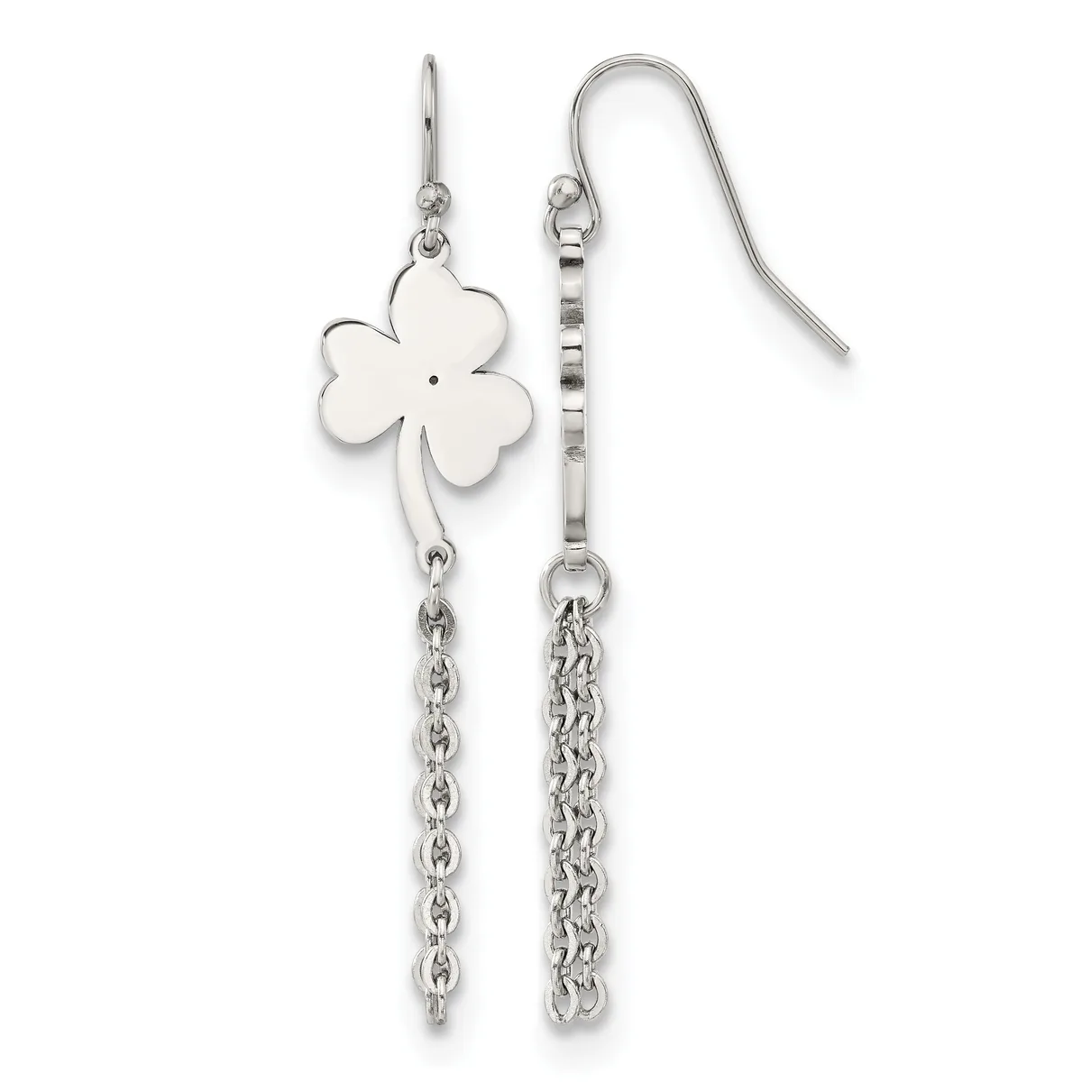 Silver four-leaf clover earrings with chain dangles and French wire hooks displayed against a white background.