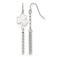 Silver four-leaf clover earrings with chain dangles and French wire hooks displayed against a white background.