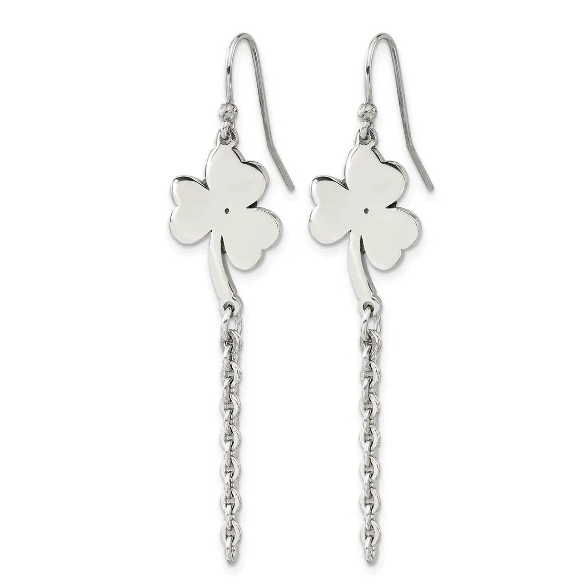 A pair of silver four-leaf clover drop earrings with fish hook ear wires and dangling chain extensions.