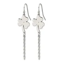 A pair of silver four-leaf clover drop earrings with fish hook ear wires and dangling chain extensions.