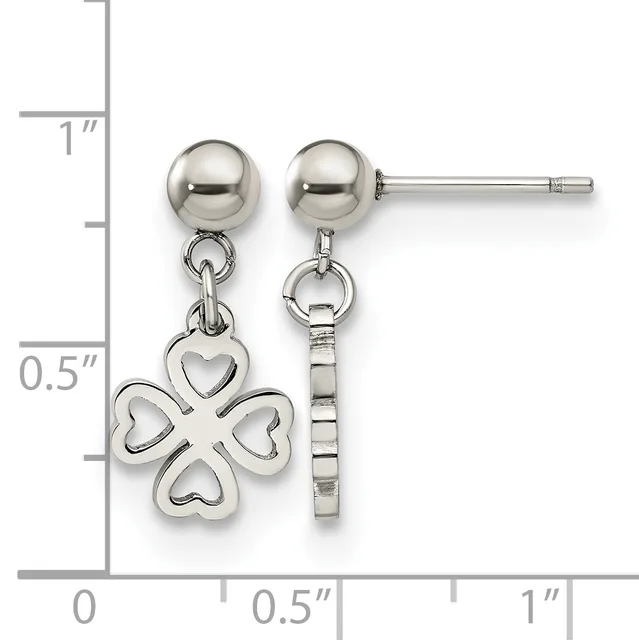 Pair of silver stud earrings with polished ball posts, one featuring a four-leaf clover charm with heart-shaped leaves and the other a rectangular textured bar, shown against a ruler measuring approximately one inch in length.