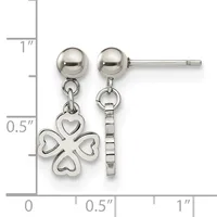 Pair of silver stud earrings with polished ball posts, one featuring a four-leaf clover charm with heart-shaped leaves and the other a rectangular textured bar, shown against a ruler measuring approximately one inch in length.