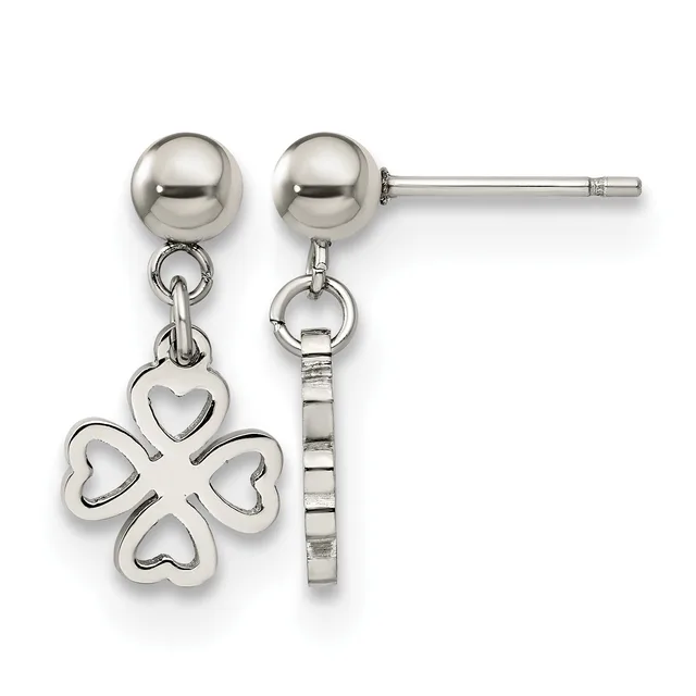 Pair of silver-tone stud earrings featuring polished ball posts with dangling charms; one charm is a four-leaf clover design and the other is a rectangular textured bar, both suspended from small rings.