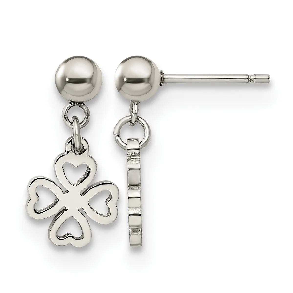 Pair of silver-tone stud earrings featuring polished ball posts with dangling charms; one charm is a four-leaf clover design and the other is a rectangular textured bar, both suspended from small rings.