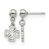 Pair of silver-tone stud earrings featuring polished ball posts with dangling charms; one charm is a four-leaf clover design and the other is a rectangular textured bar, both suspended from small rings.