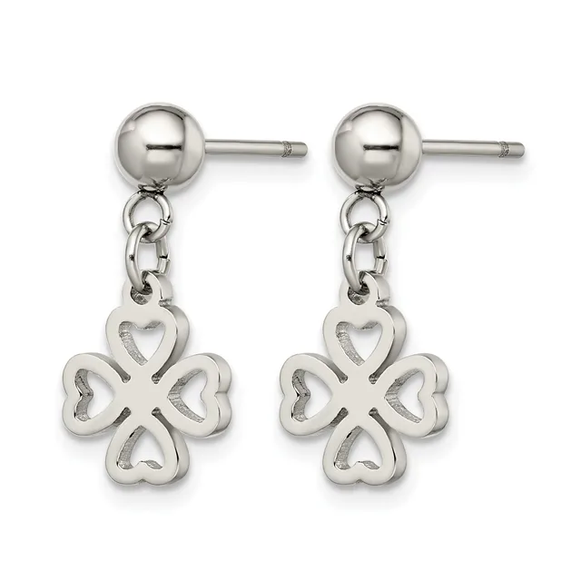 Pair of silver dangle earrings with ball studs connected by chains to four-leaf clover charms with openwork heart details.