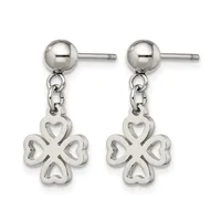 Pair of silver dangle earrings with ball studs connected by chains to four-leaf clover charms with openwork heart details.