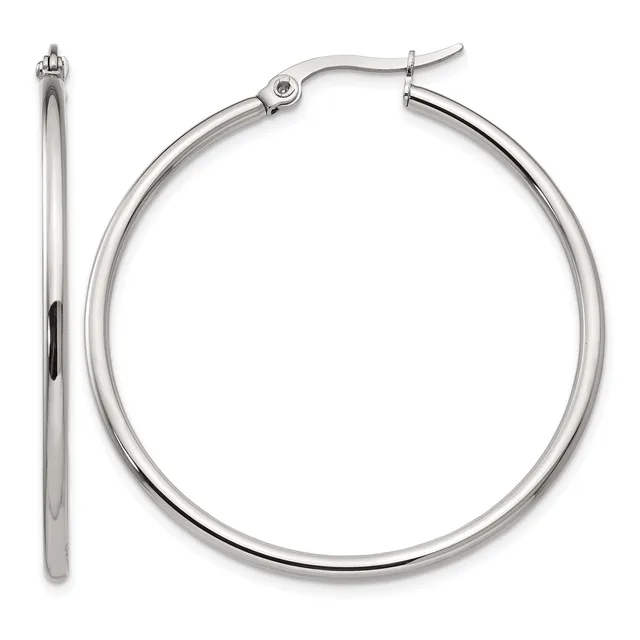 A pair of polished silver-tone hoop earrings shown from front and side views, with hinged closures at the top.