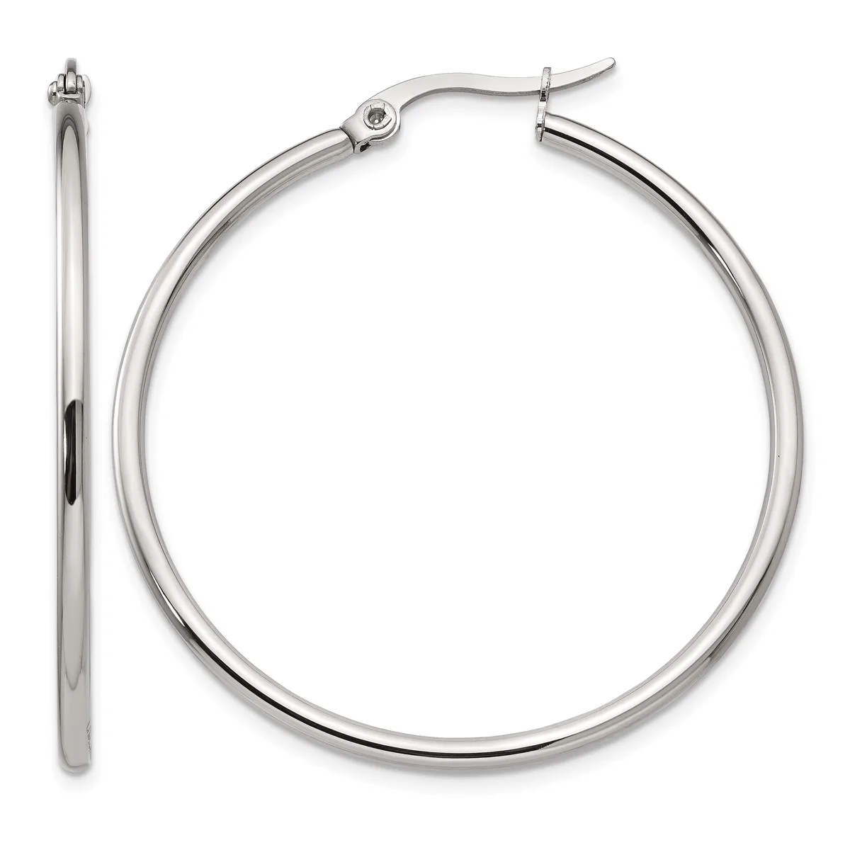 A pair of polished silver-tone hoop earrings shown from front and side views, with hinged closures at the top.