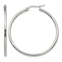 A pair of polished silver-tone hoop earrings shown from front and side views, with hinged closures at the top.