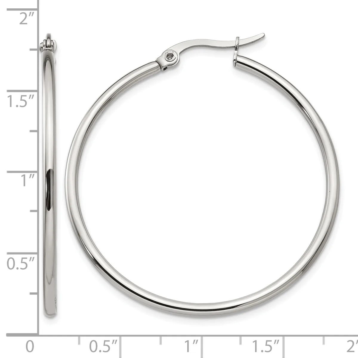 A pair of polished silver-toned hoop earrings with hinged posts, displayed against a measurement scale showing approximately 1.5 inches in diameter.