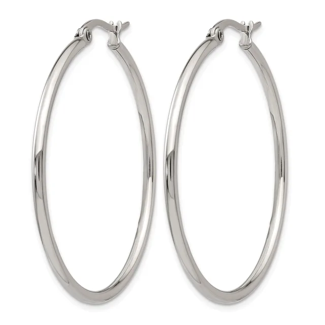 A pair of polished silver-toned oval hoop earrings with post and clasp closures, shown against a white background.