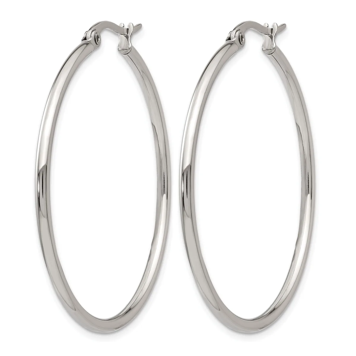 A pair of polished silver-toned oval hoop earrings with post and clasp closures, shown against a white background.