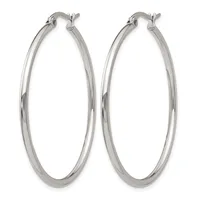 A pair of polished silver-toned oval hoop earrings with post and clasp closures, shown against a white background.
